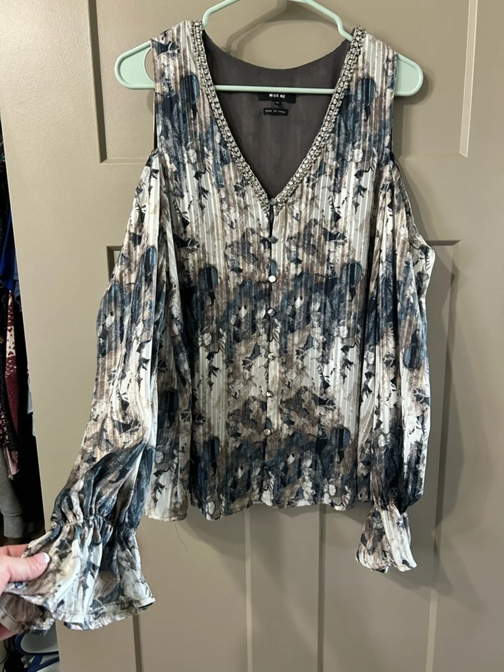 Miss Me Beaded V-Neck Cold-Shoulder Blouse in Blue and Cream Ruffle sleeves